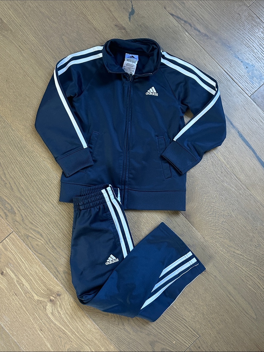 Adidas Kids Navy Blue Jogger Set with White Stripes